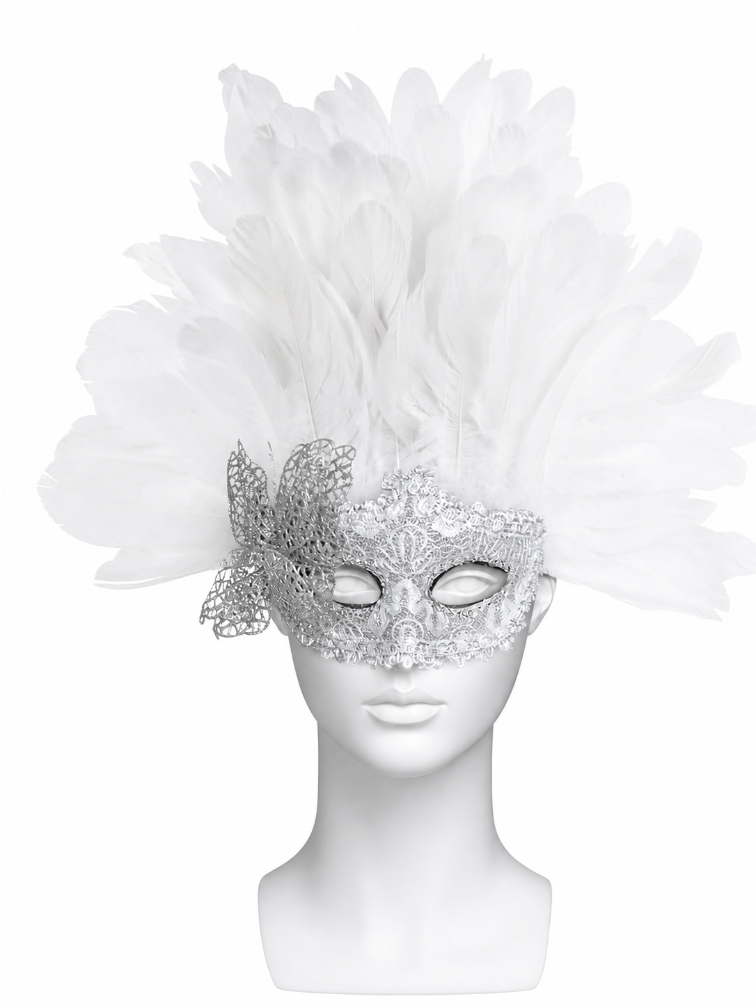 White feather masquerade mask with silver lace and decorative side detail, displayed front-facing on a mannequin