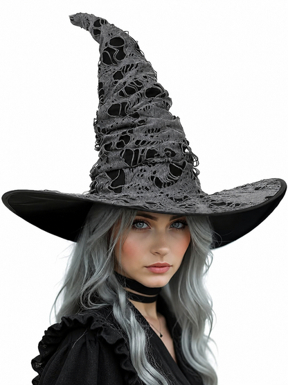 Gray Black Halloween Witch Hat For Women Wide Brim Curved Pointed Tattered Torn main product view 3