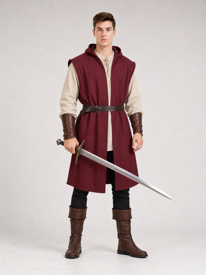 Medieval Fantasy Cosplay Costume Sleeveless Hooded Burgundy Robe Vest, Long Open Front Outer Garment for Role Play Stage Performance