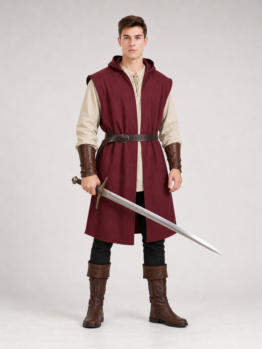 Adult Medieval Fantasy Hooded Cape, Wine Red Sleeveless Long Split-Hem Cloak