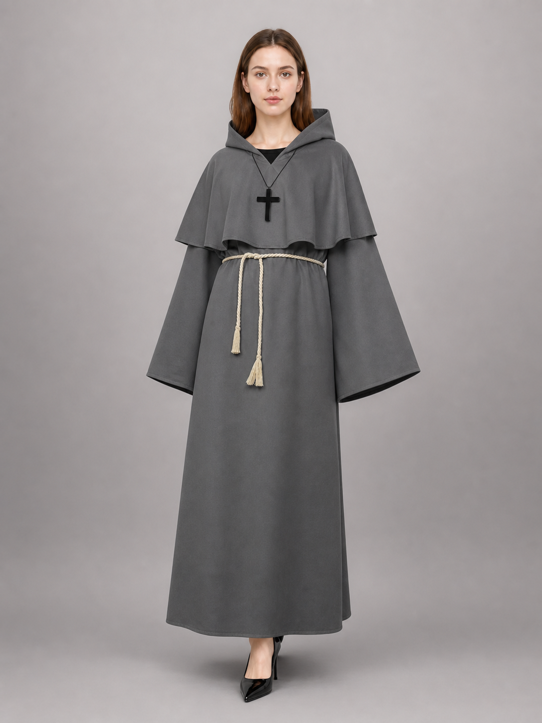 Gray Medieval Hooded Costume Cloak
