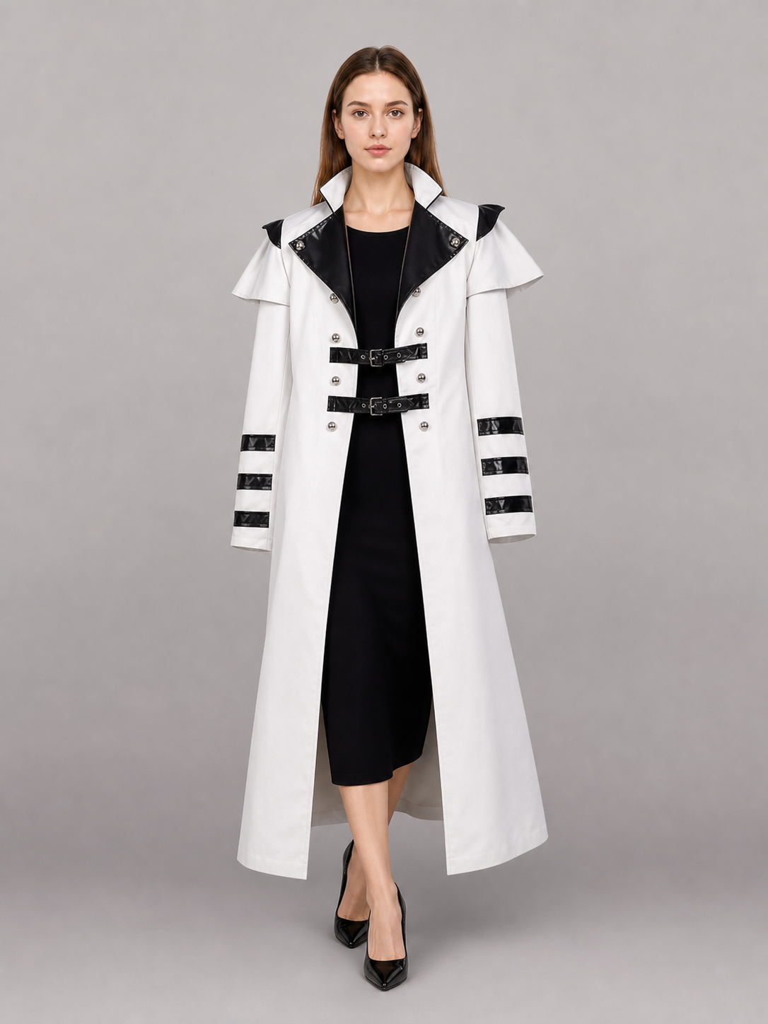 White carnival cape with black lapels