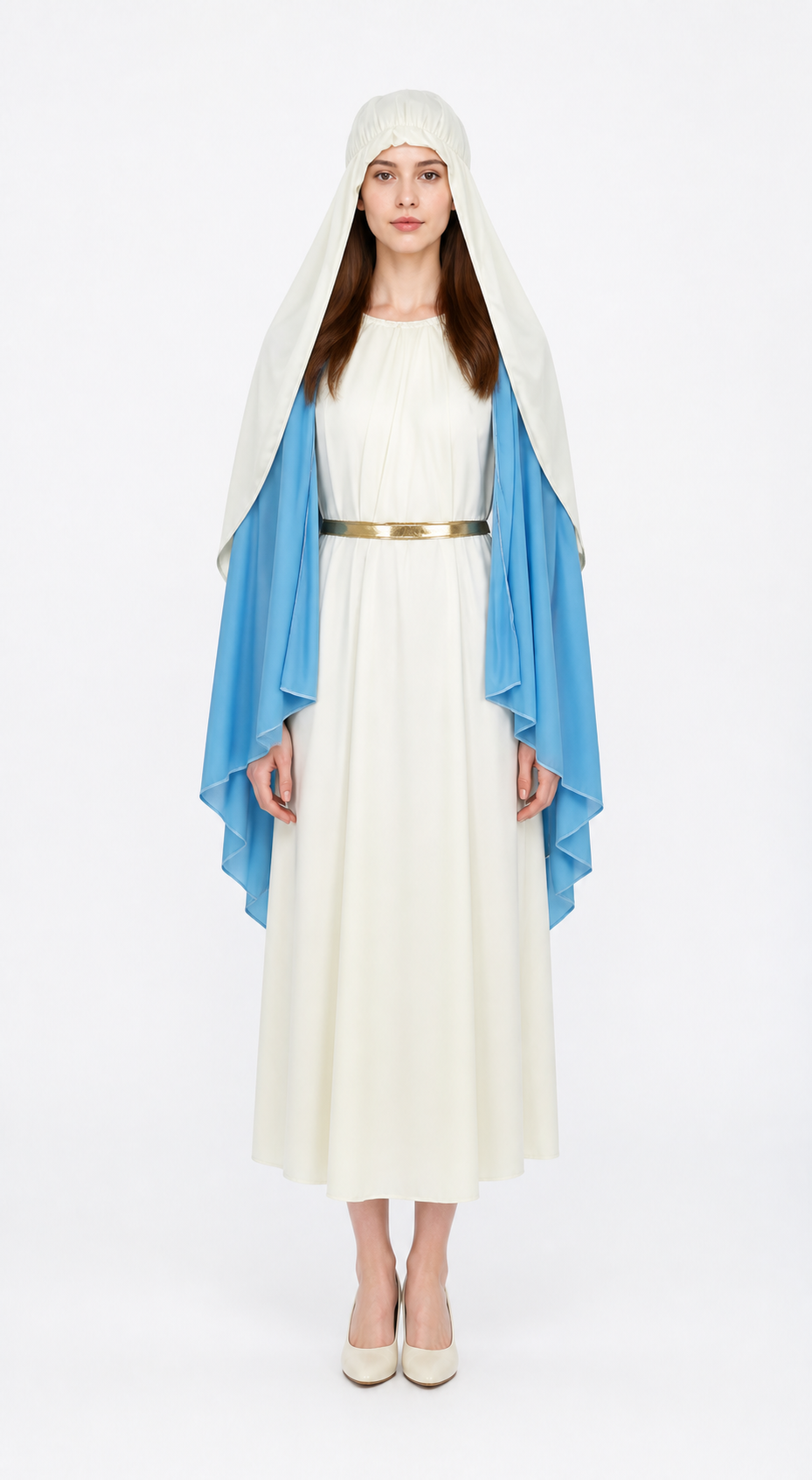 Full-body front view of a white robe with blue cape and gold sash, styled with white heels against a plain background