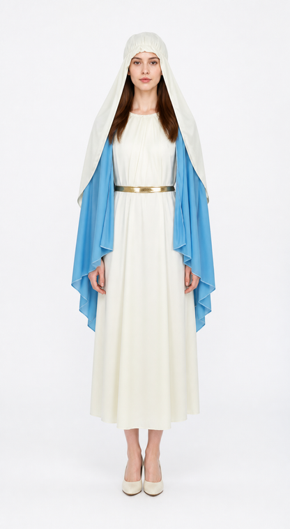 Full-body front view of a white robe with blue cape and gold sash, styled with white heels against a plain background