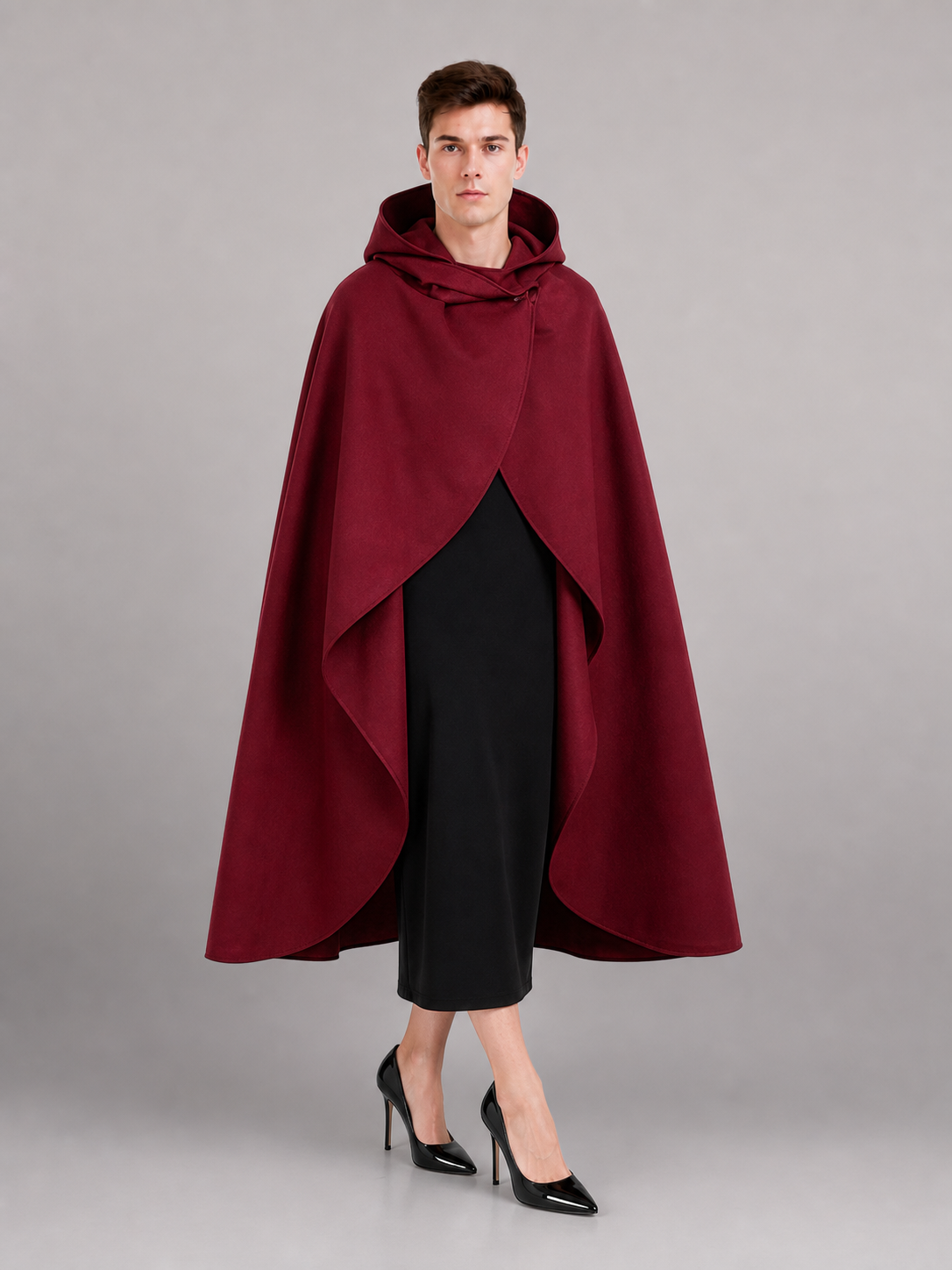 Medieval Hooded Cloak Wine Red Cape with Overlapping Front and Irregular Draped Hem for Cosplay, Theme Parties, Stage Performances and Fantasy Photography