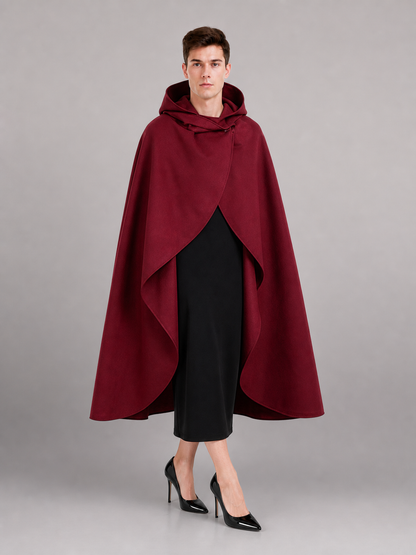 Medieval Hooded Cloak Wine Red Cape with Overlapping Front and Irregular Draped Hem for Cosplay, Theme Parties, Stage Performances and Fantasy Photography