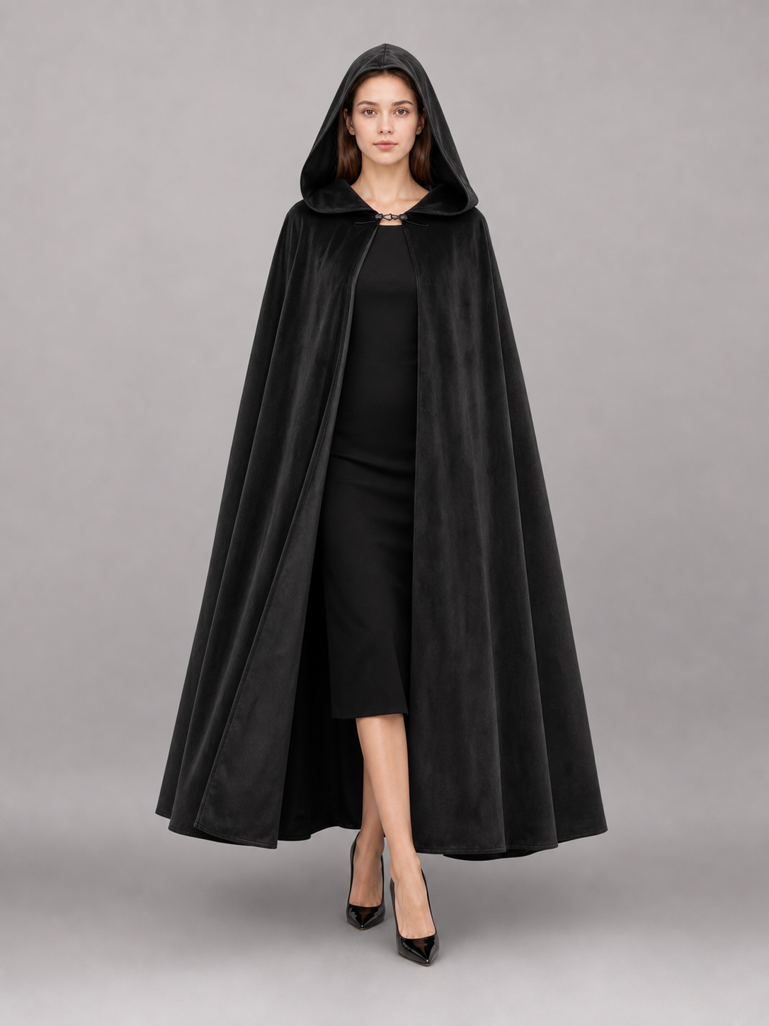 Long black hooded costume cloak