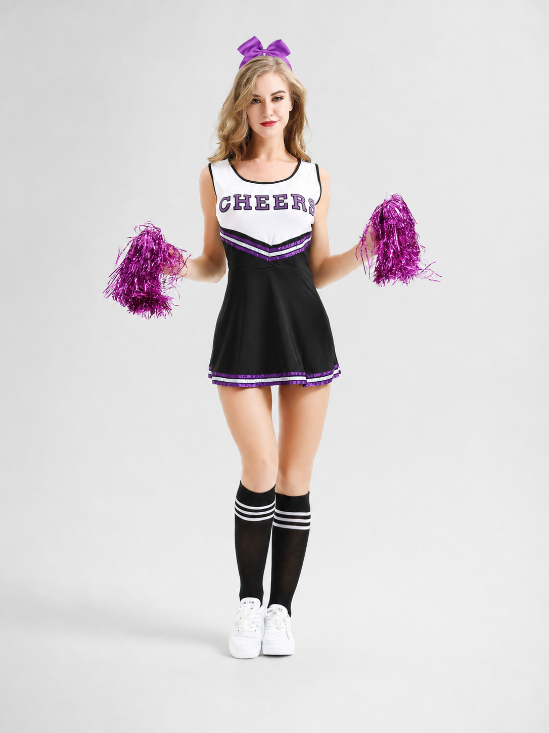 Cheerleading Costume with Dress, Bow, and Pom-Poms