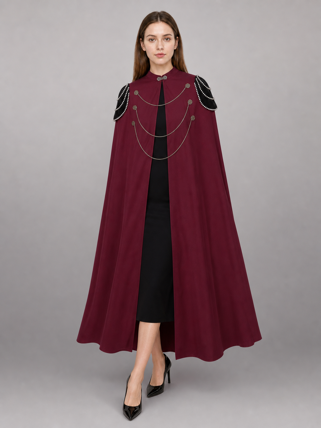 Long burgundy hooded carnival cloak