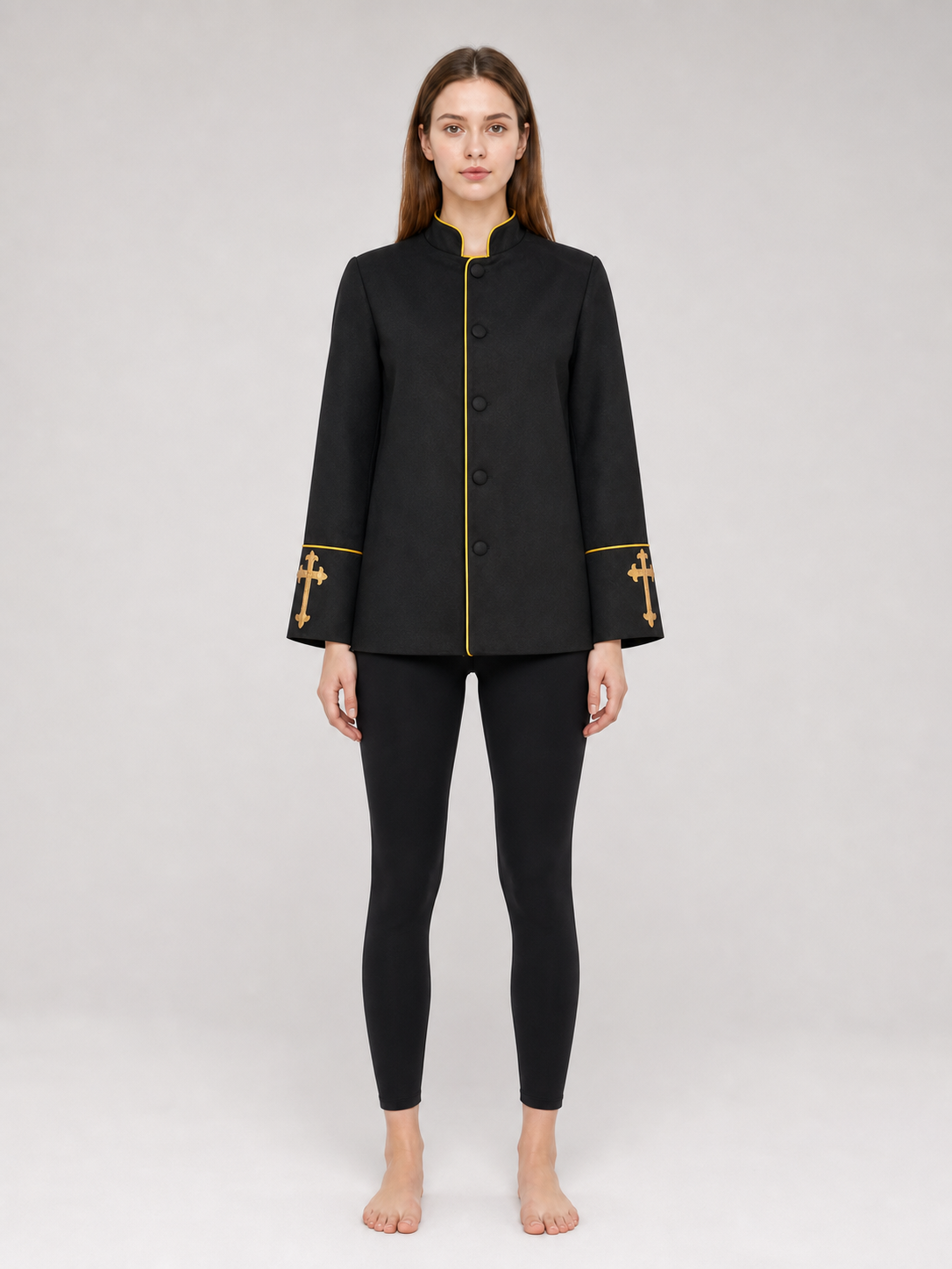 Black stand-collar jacket with gold trim