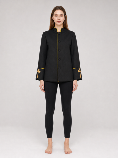 Black stand-collar jacket with gold trim