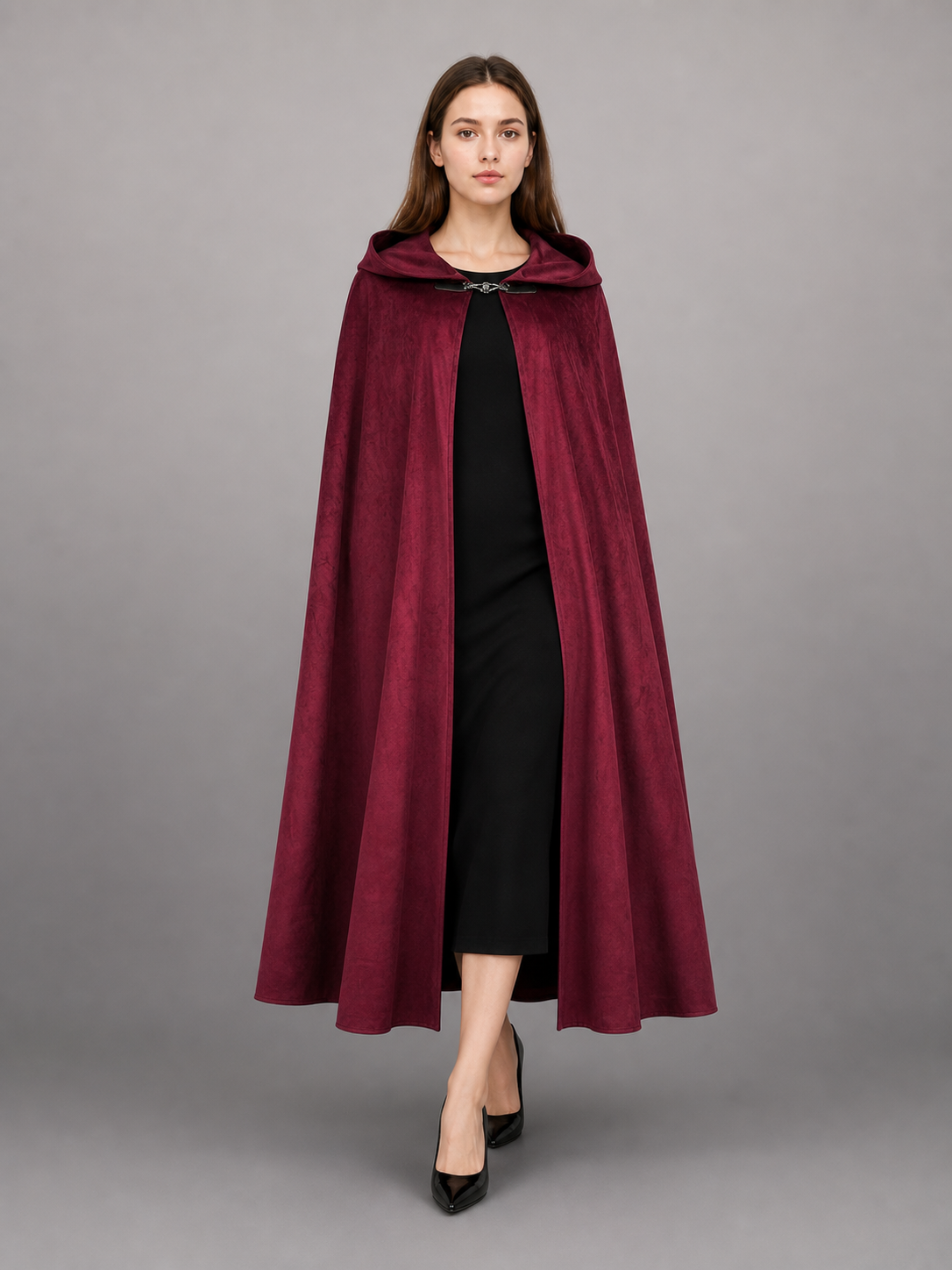 Long burgundy carnival cloak with hood