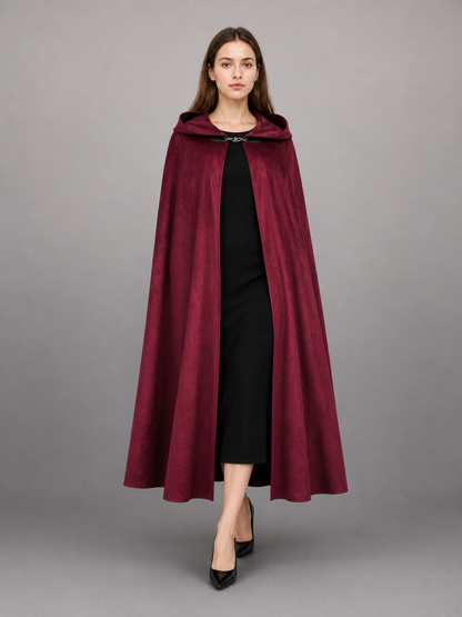 Long burgundy carnival cloak with hood