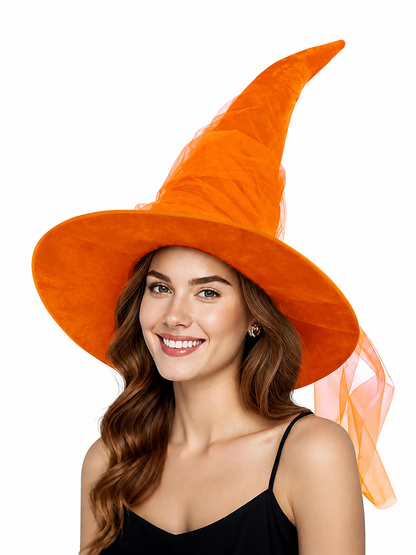 Orange Halloween Witch Hat with Very Tall Curved Pointed Crown, Wide Wavy Brim and Attached Sheer Veil for Costume Parties