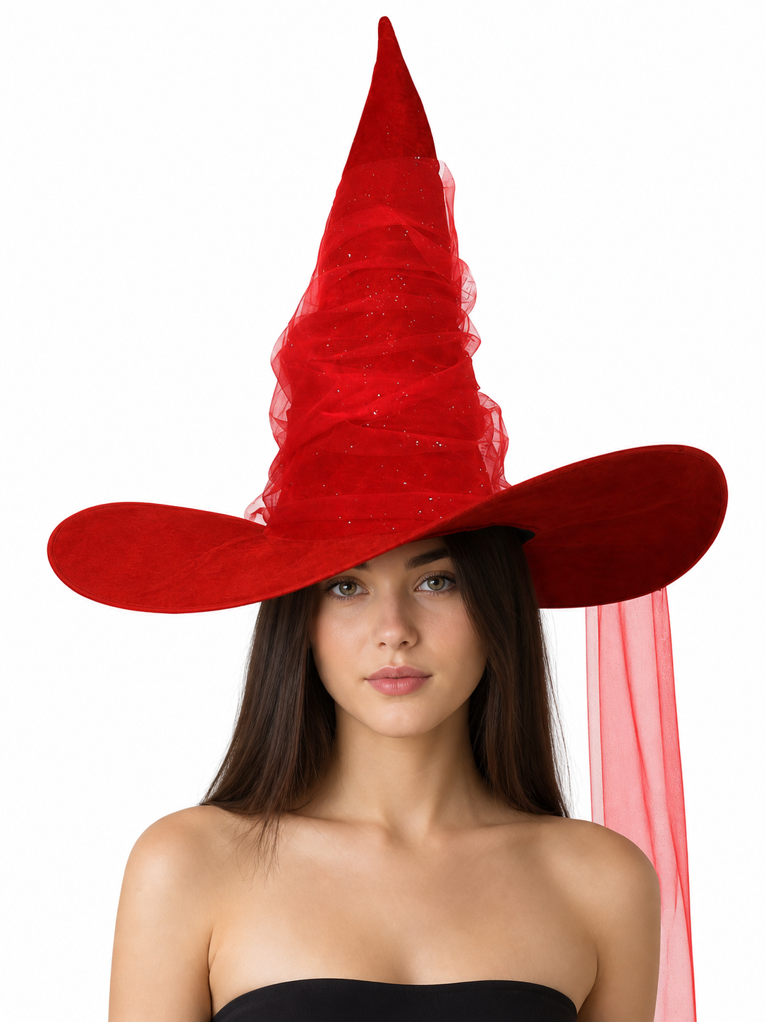 Red Halloween Witch Hat Tall Pointed Cone Wide Curved Brim Sheer Layered Glitter Speckled Costume Accessory for Parties and Photography