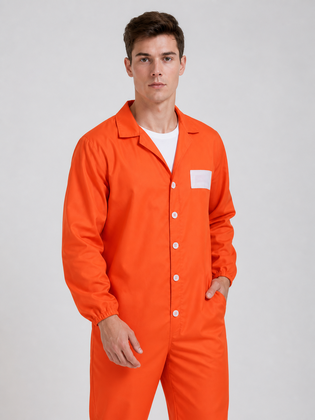 Orange coverall with a smooth fabric look, open collar, white buttons, chest patch, and elastic cuffs, shown in a close upper-body view
