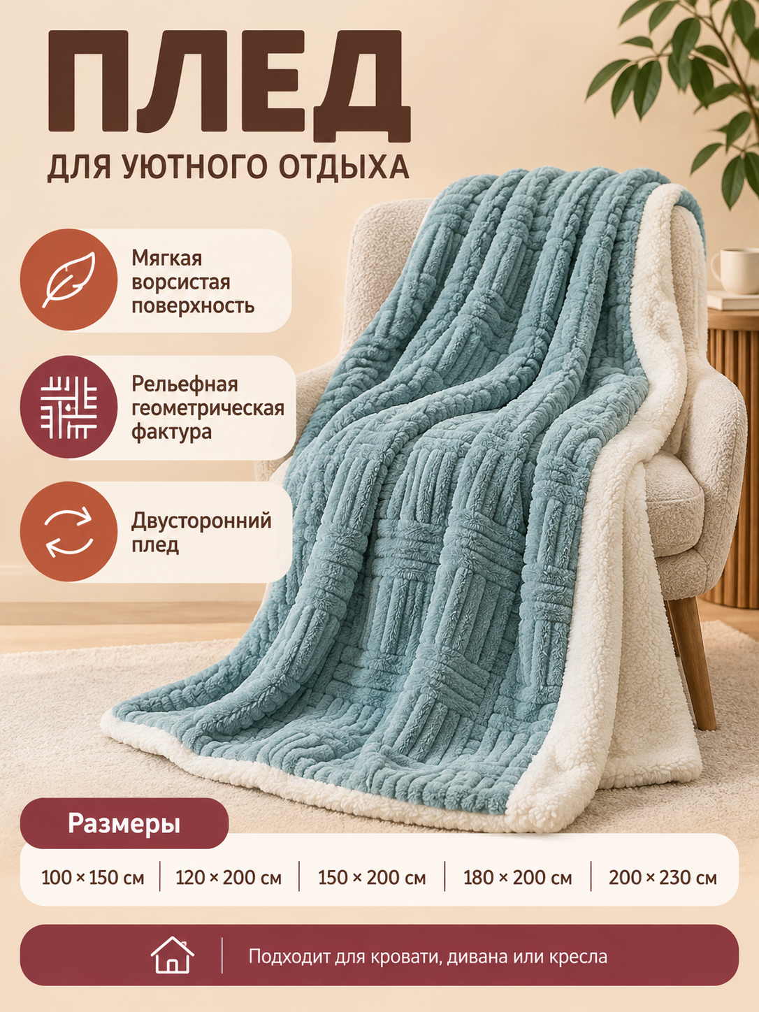 Reversible Thickened Milky Velvet Blanket, Blue