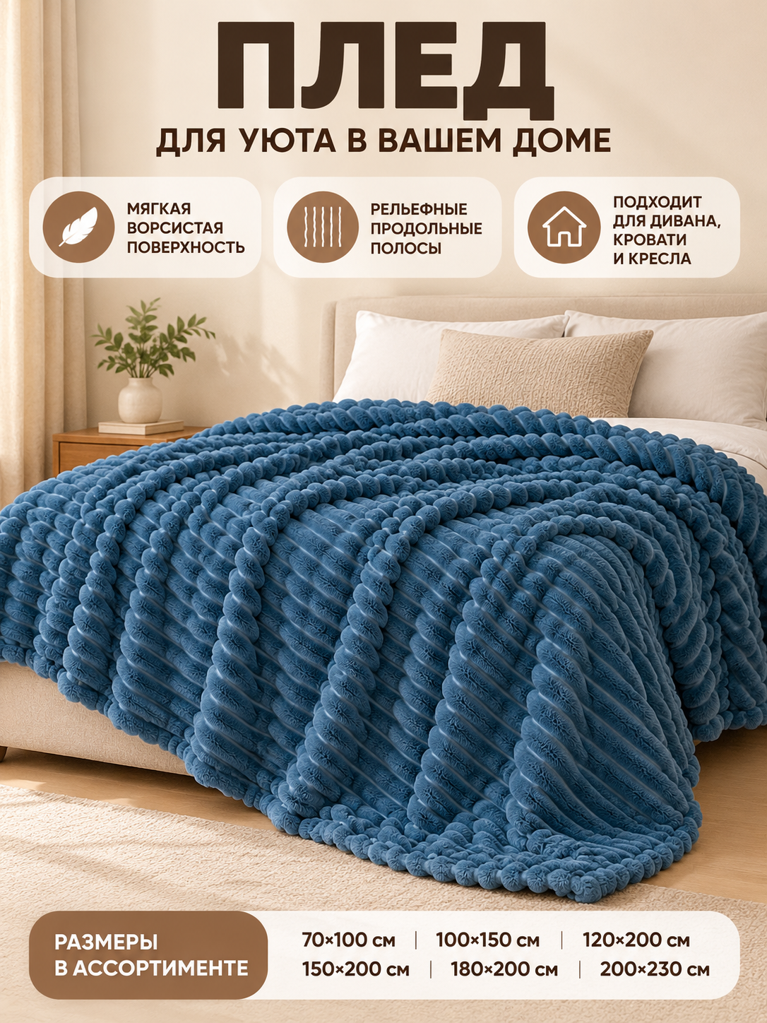 Blue Coral Fleece Blanket with Textured Stripes