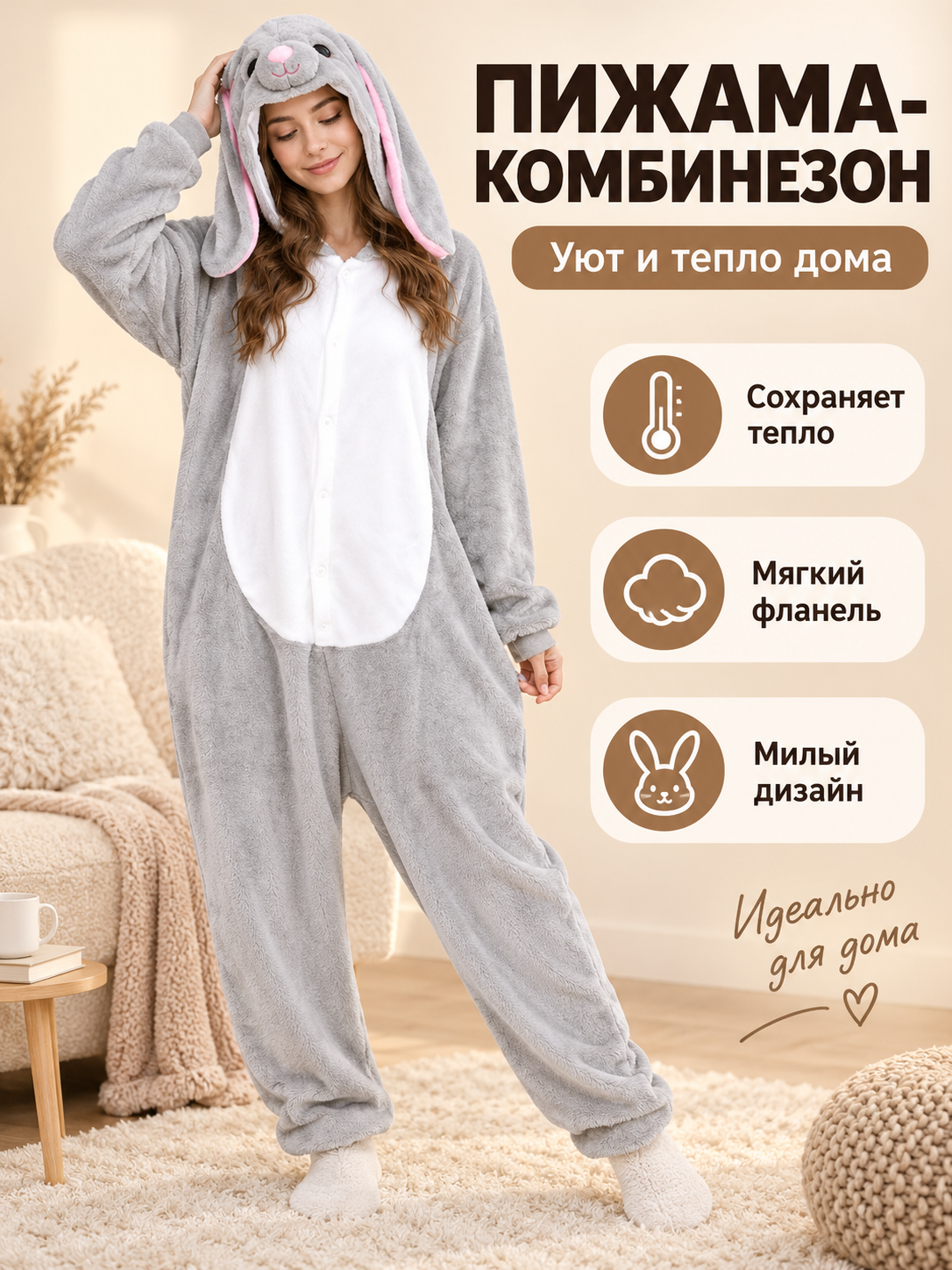 Gray Flannel Hooded Pajama Jumpsuit with Ears