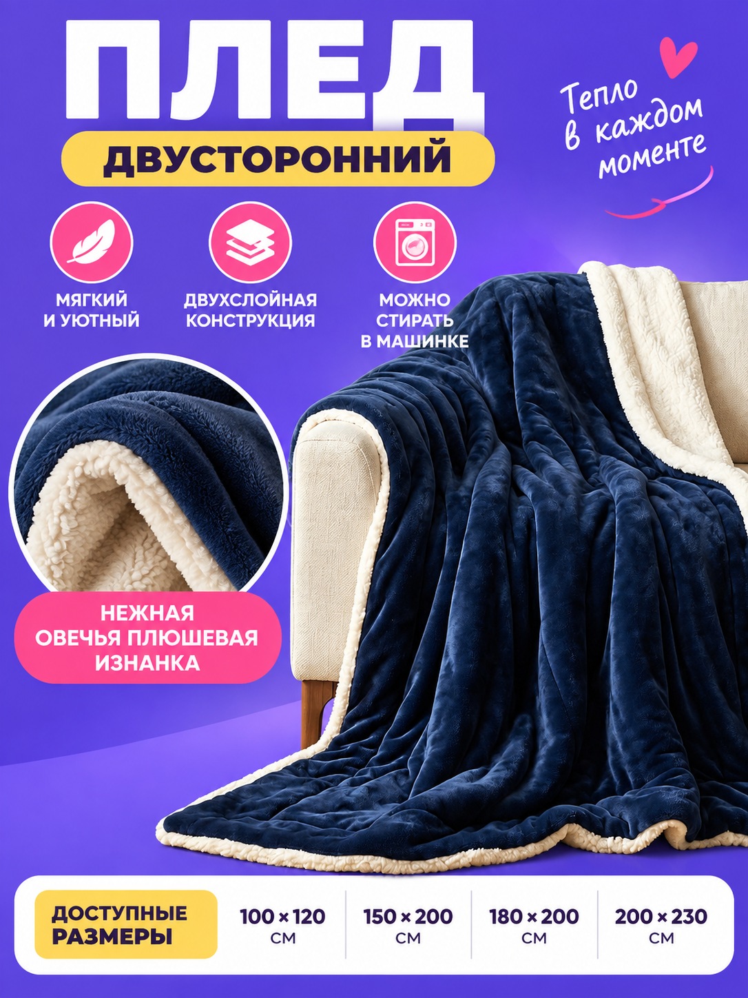 Reversible Throw Blanket, Dark Blue with Cream Reverse