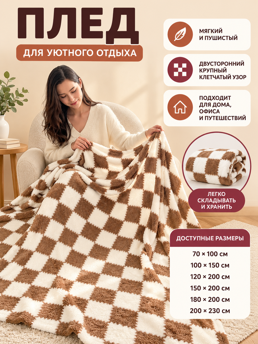 Reversible Velvet Plaid Brown and White Checkered Blanket