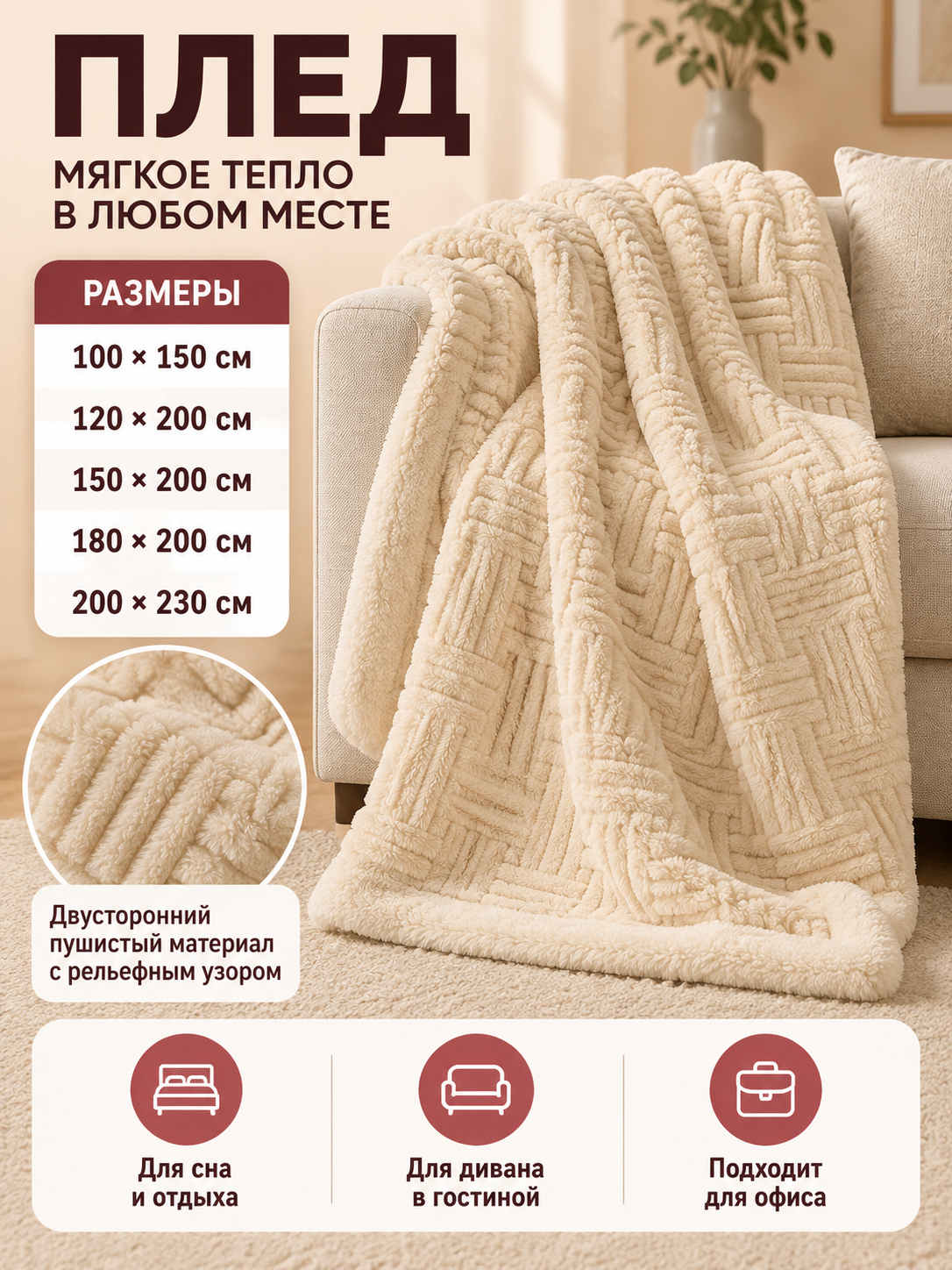 Thickened Reversible Coral Fleece Blanket Cream
