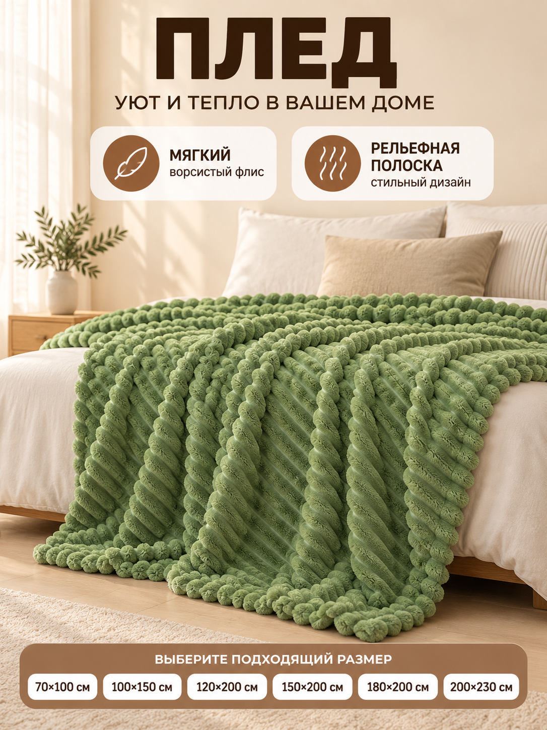 Green Coral Fleece Blanket with Textured Stripes