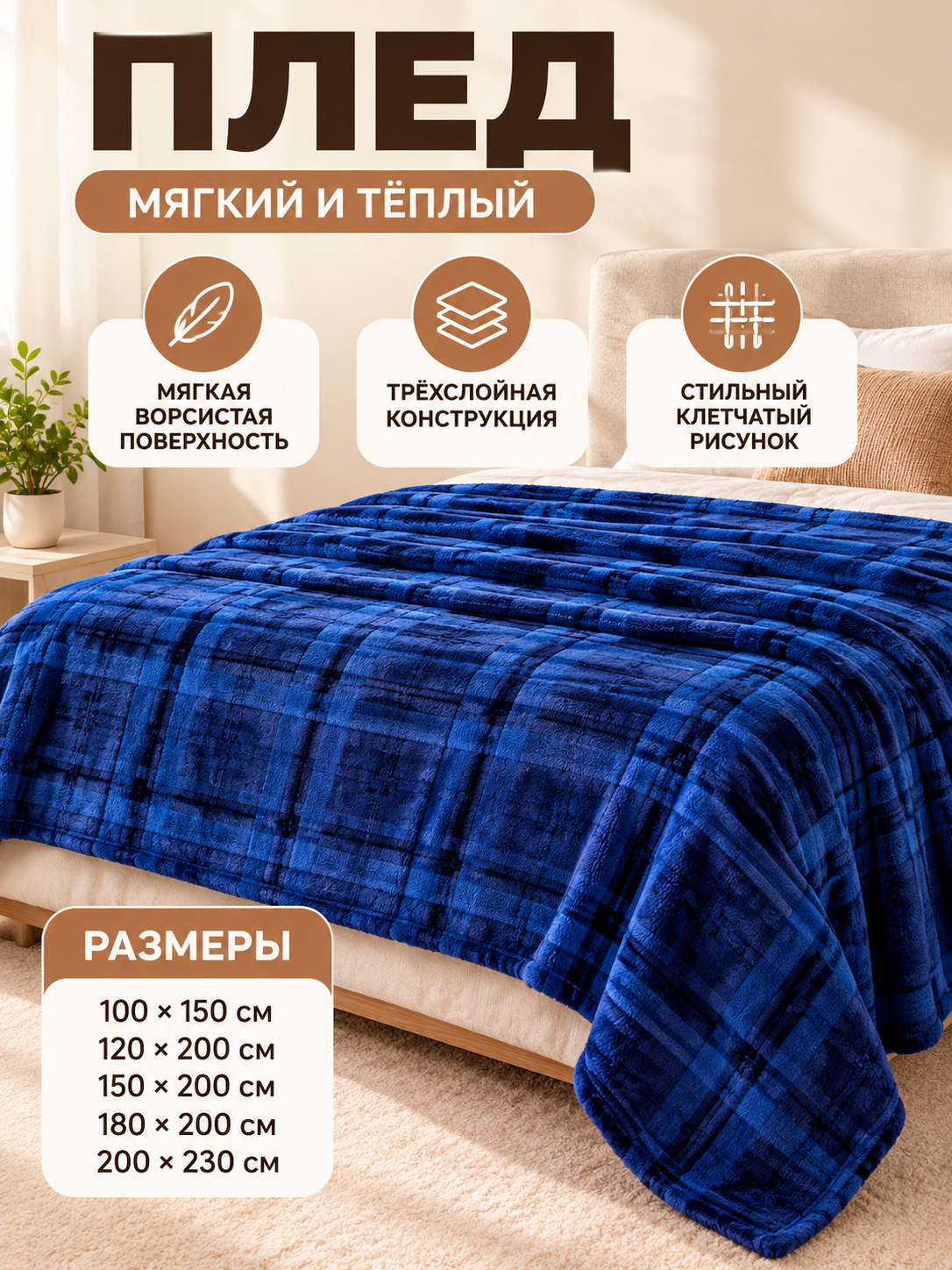 Dark blue plaid three-layer polyester blanket