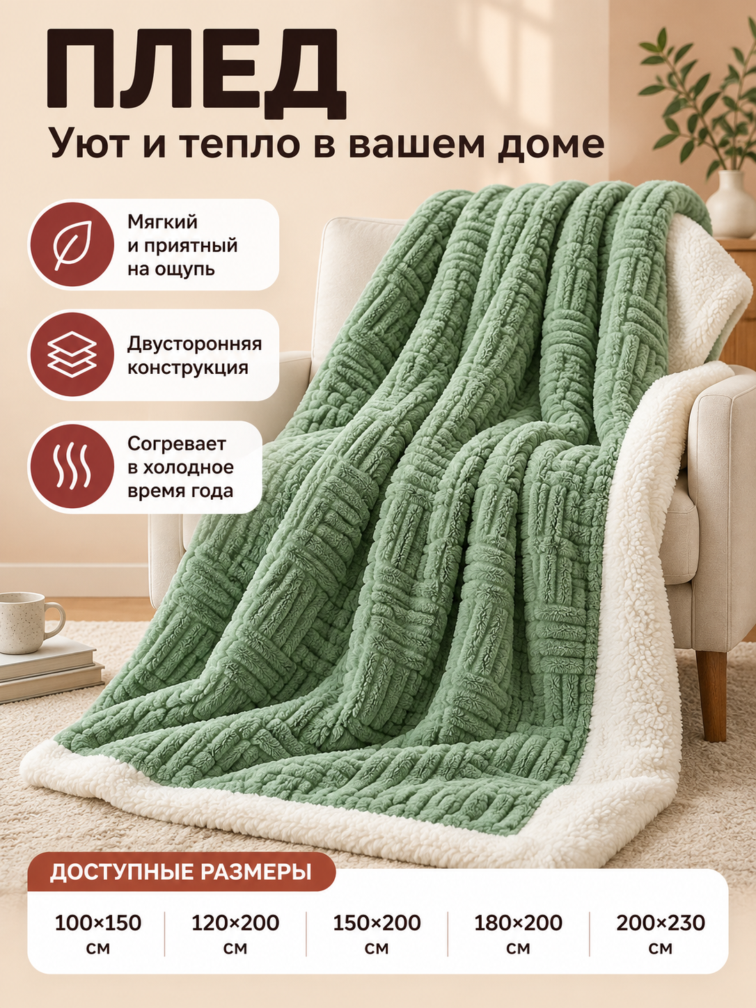 Double-Sided Thick Blanket with Geometric Pattern, Green