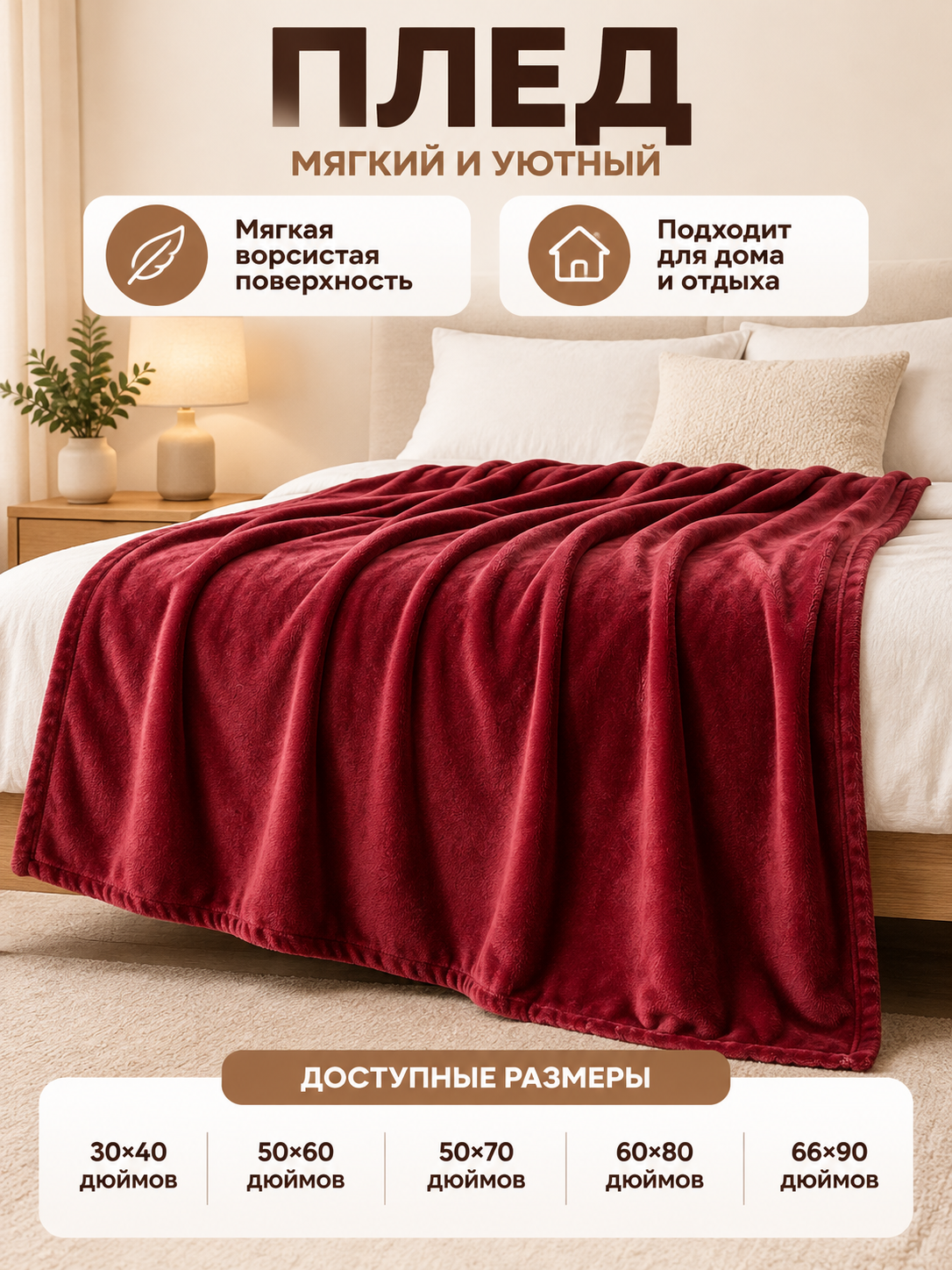 Burgundy Solid Color Blanket with a Furry Surface