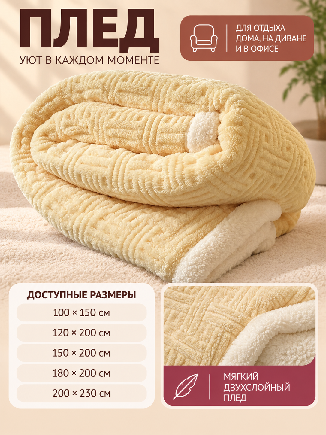 Cream Double-Layer Blanket with Geometric Pattern