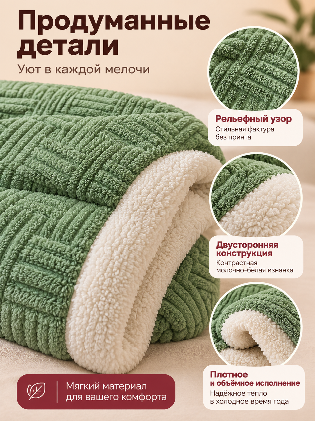 Double-Sided Thick Blanket with Geometric Pattern, Green