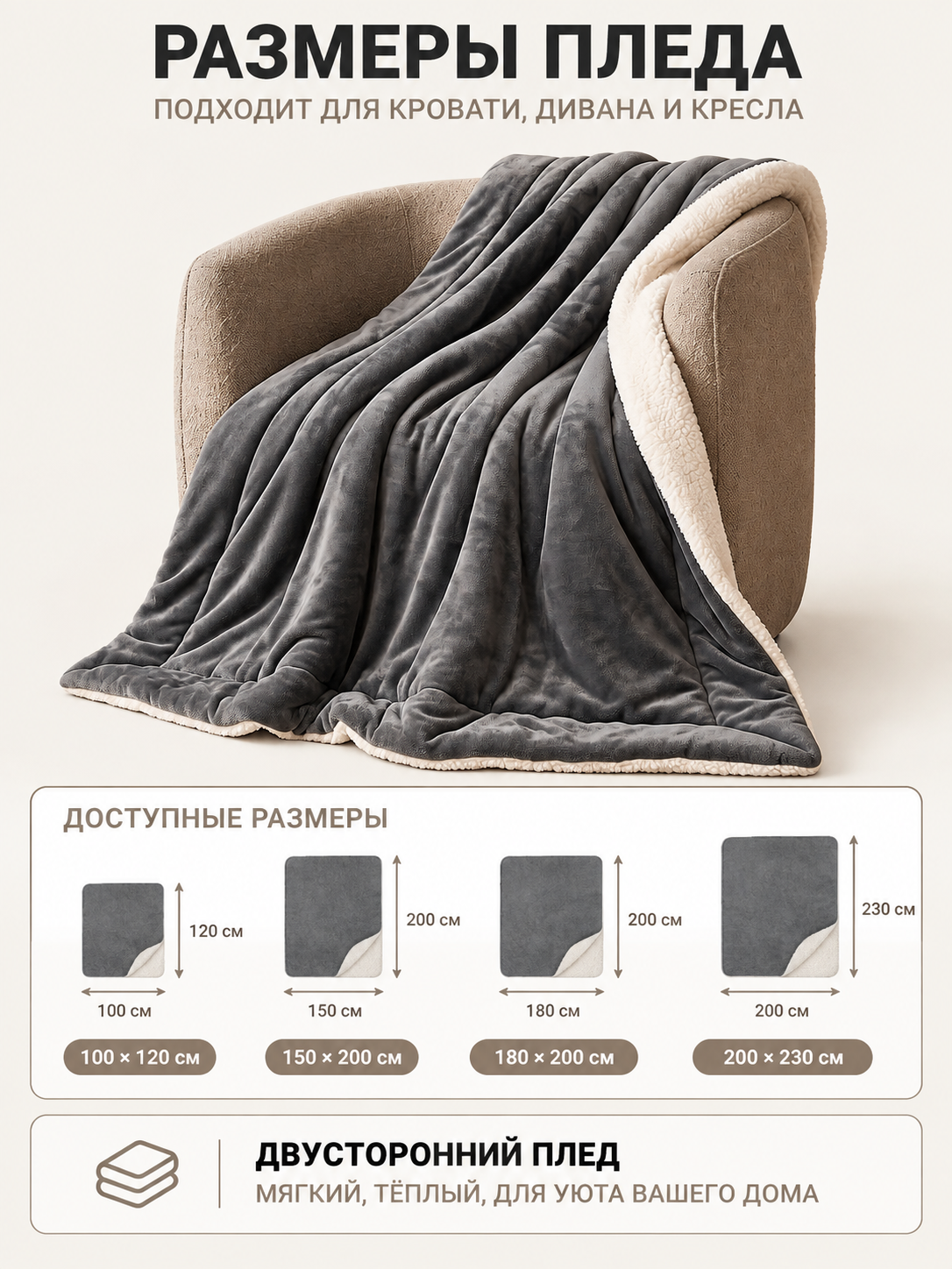 Double-Sided Sherpa and Fleece Blanket, Dark Gray