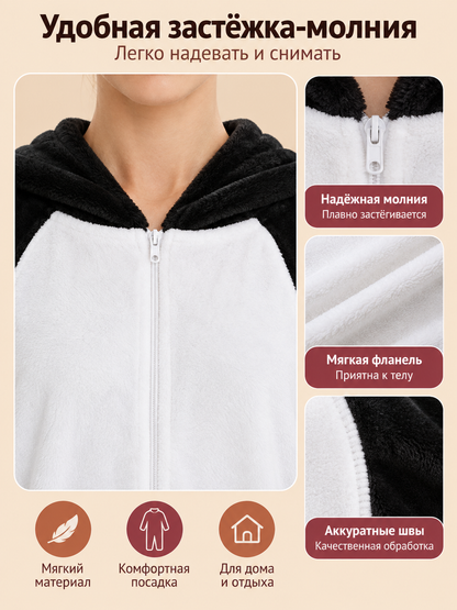 Black Fleece Hooded Zip-Up Pajama Jumpsuit