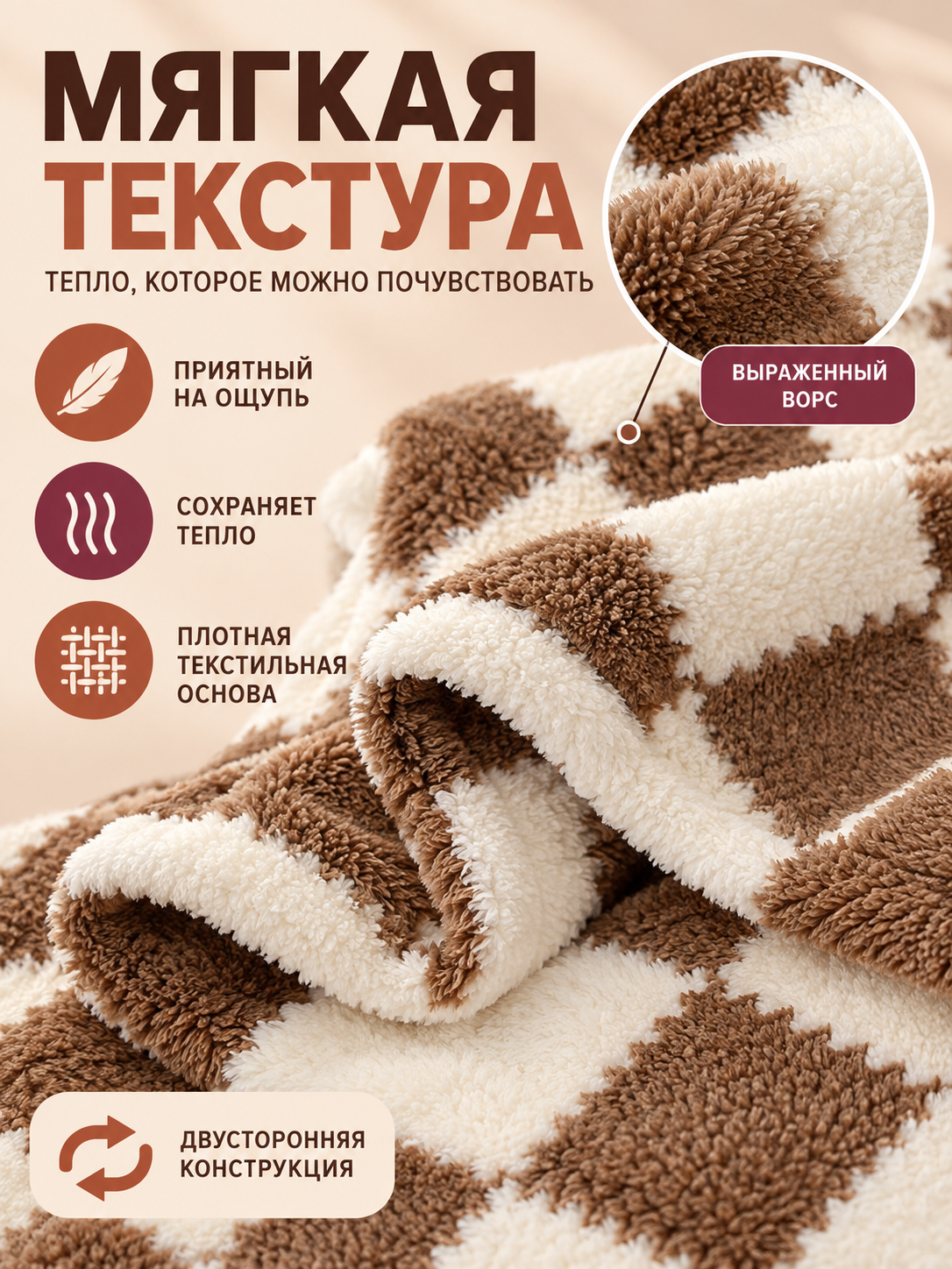 Reversible Brown and Cream Plaid Plush Blanket