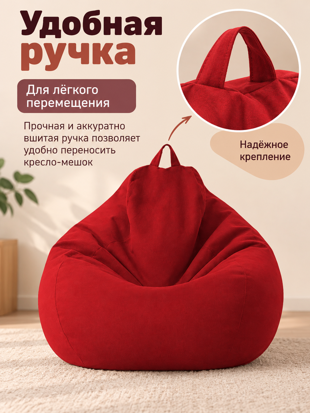 Red Frameless Beanbag Chair with Handle and Removable Cover