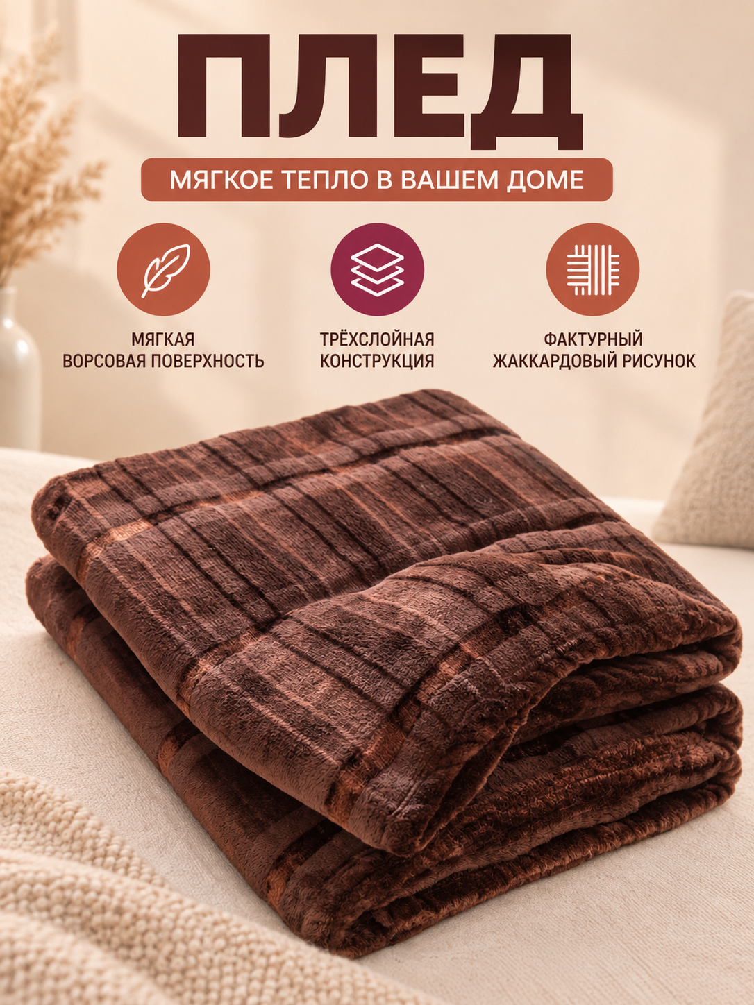 Brown Fleece Throw Blanket with Striped Jacquard Pattern