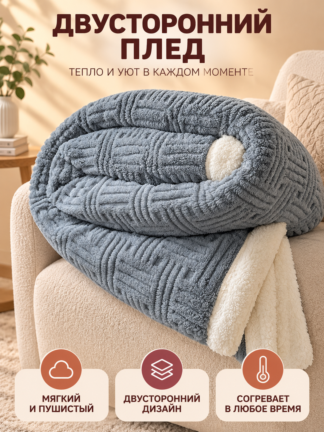 Reversible Milk Velvet Blanket Gray-Blue with Pattern