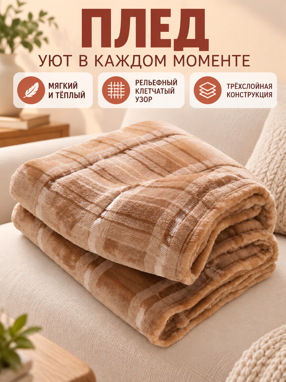 Beige-Brown Plaid 3-Layer Polyester Blanket