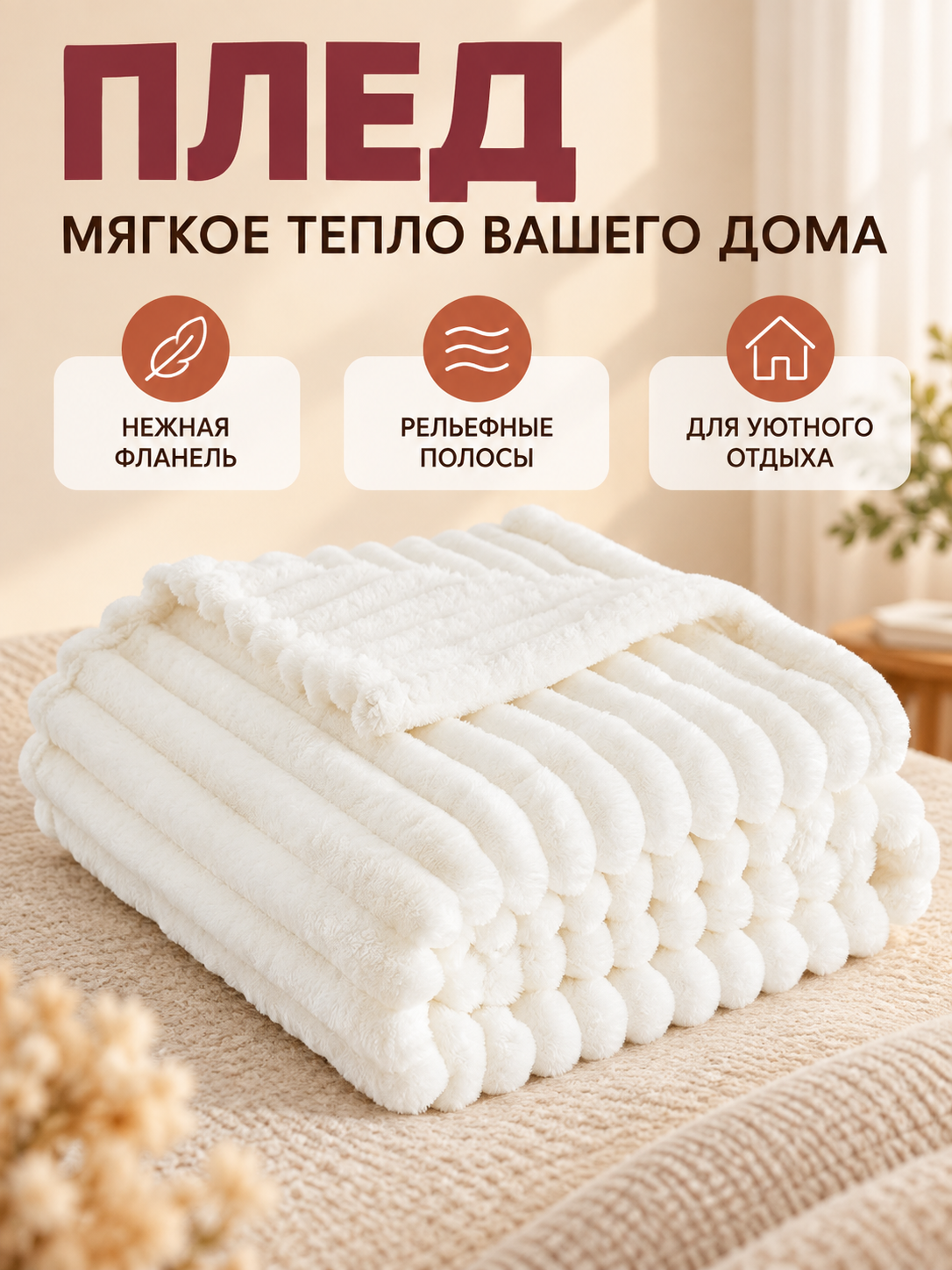 White Flannel Blanket with Raised Vertical Stripes