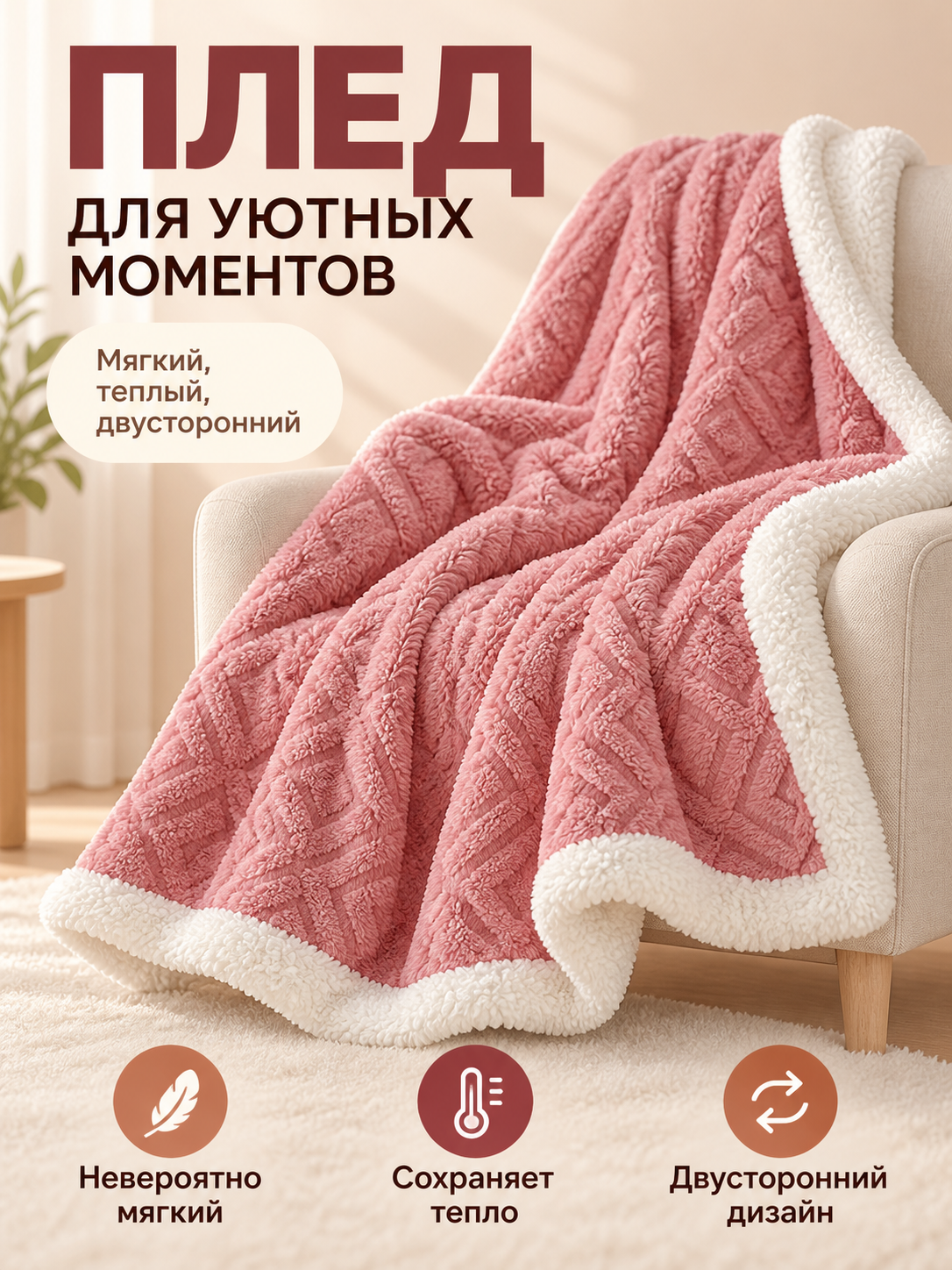 Dusty Rose Reversible Polyester Jacquard Throw Blanket