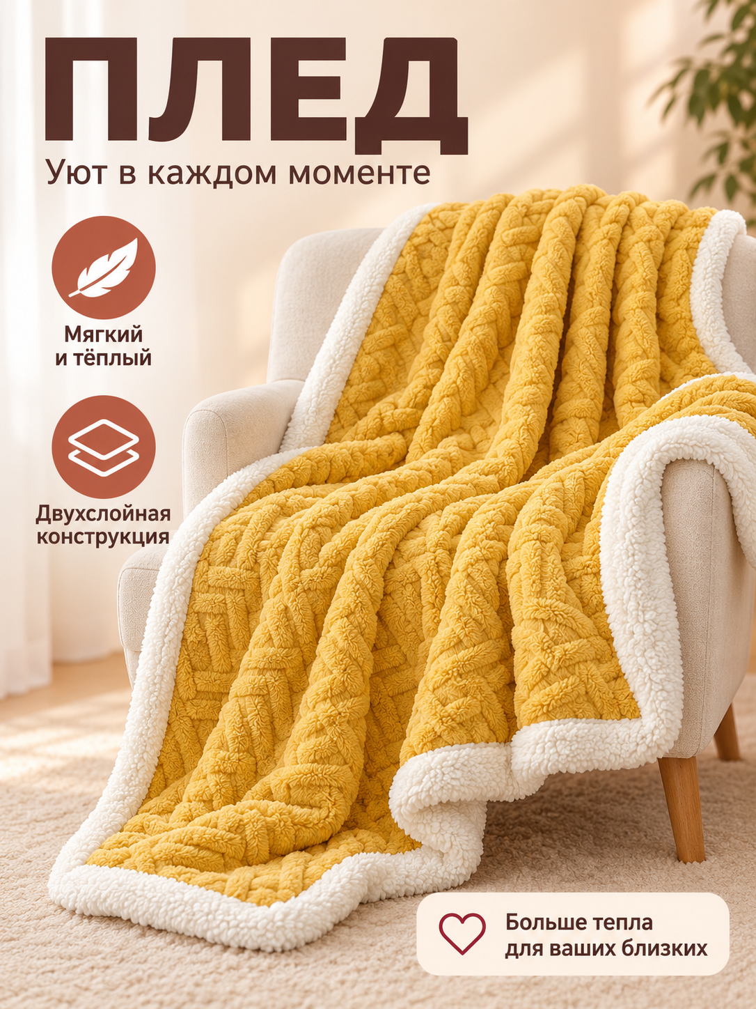 Two-Layer Fleece Blanket with Zipper, Mustard Yellow