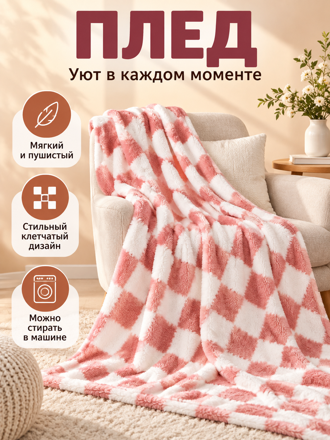 Fluffy Reversible Throw Blanket with Large Pink-and-White Check Pattern