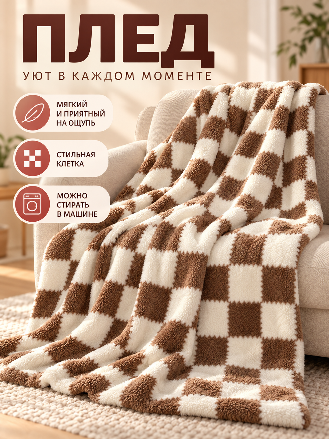 Reversible Brown and Cream Plaid Plush Blanket