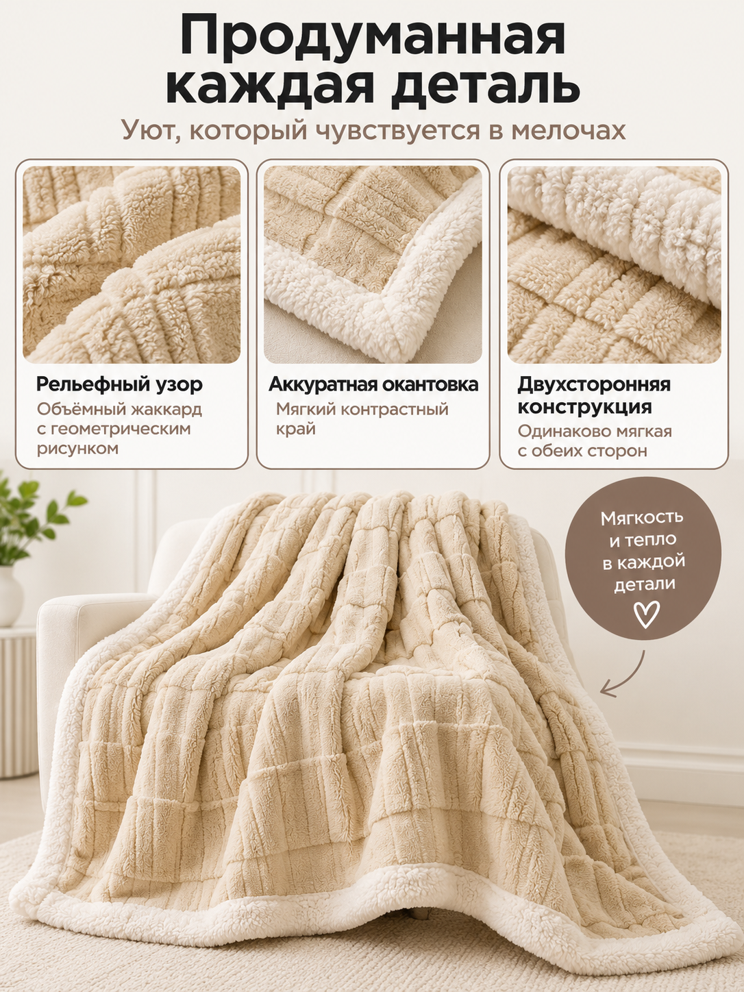 Reversible Beige Milk Velvet Blanket with Pattern