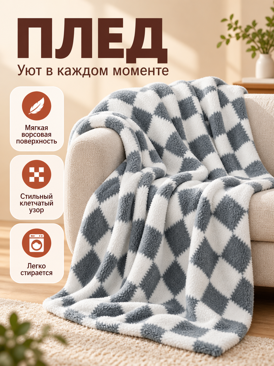 Gray and White Plaid Throw Blanket with a Pile Surface
