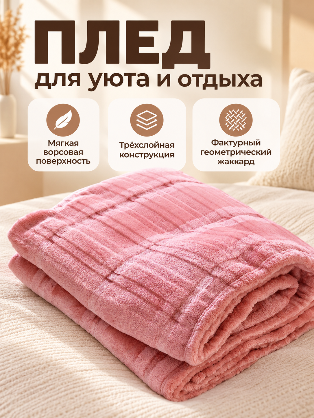 Pink polyester blanket with a jacquard pattern