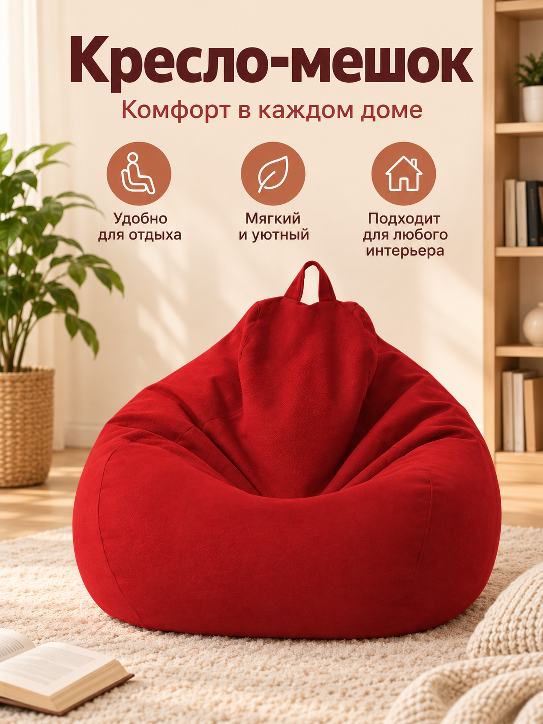 Red Frameless Beanbag Chair with Handle and Removable Cover