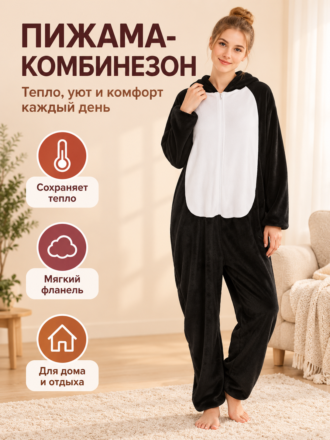 Black Fleece Hooded Zip-Up Pajama Jumpsuit