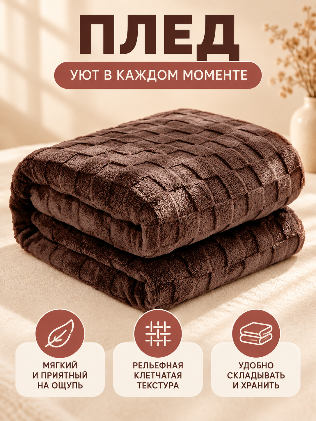 Brown Polyester Blanket with Textured Checkered Pattern